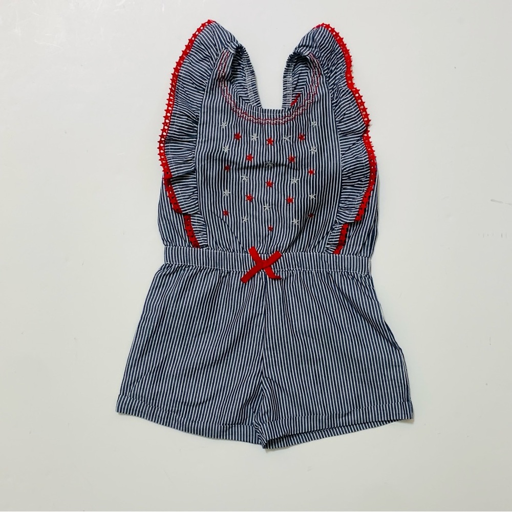 Nannette Girls Navy & White Striped Romper with Red Accents sz 6x